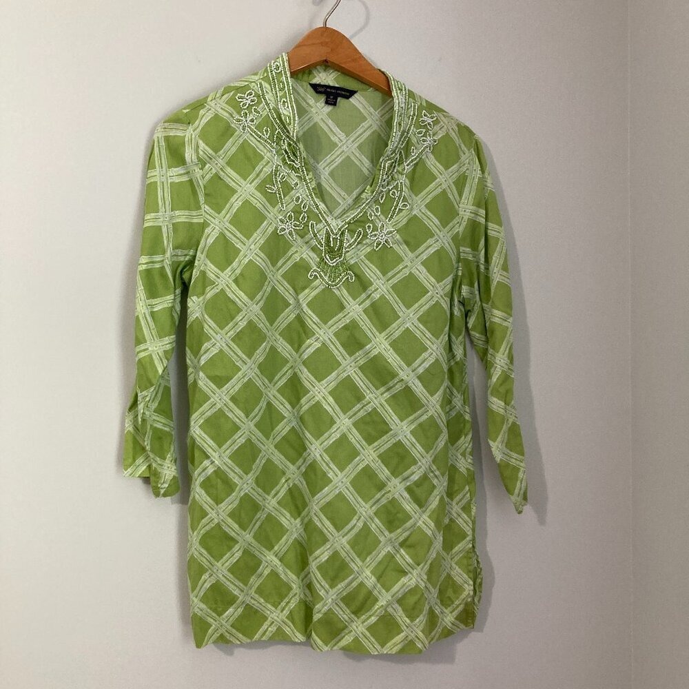Brooks Brothers 346 Women's Top Tunic Size Medium Cotton Green 3/4 Sleeve Beaded